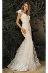 Embellished White Evening Gown With Feathers